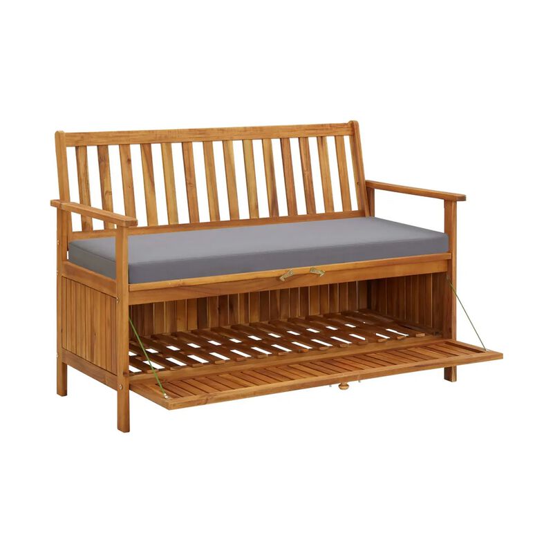 Outdoor Storage Bench, Brown Solid Acacia Wood, Gray Fabric, 47 Inch - Benzara