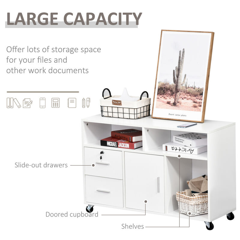 Wooden Media Rolling Storage Cabinet w/Shelves, Locking Drawer, Keys and Wheels