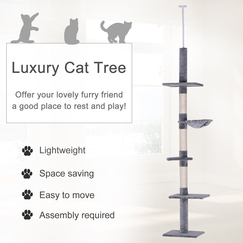 Floor To Ceiling Cat Tree 8.5' Adjustable Height Vertical Cat Tree With 5 Carpeted Platforms & 3 Sisal Rope Scratching Areas Grey