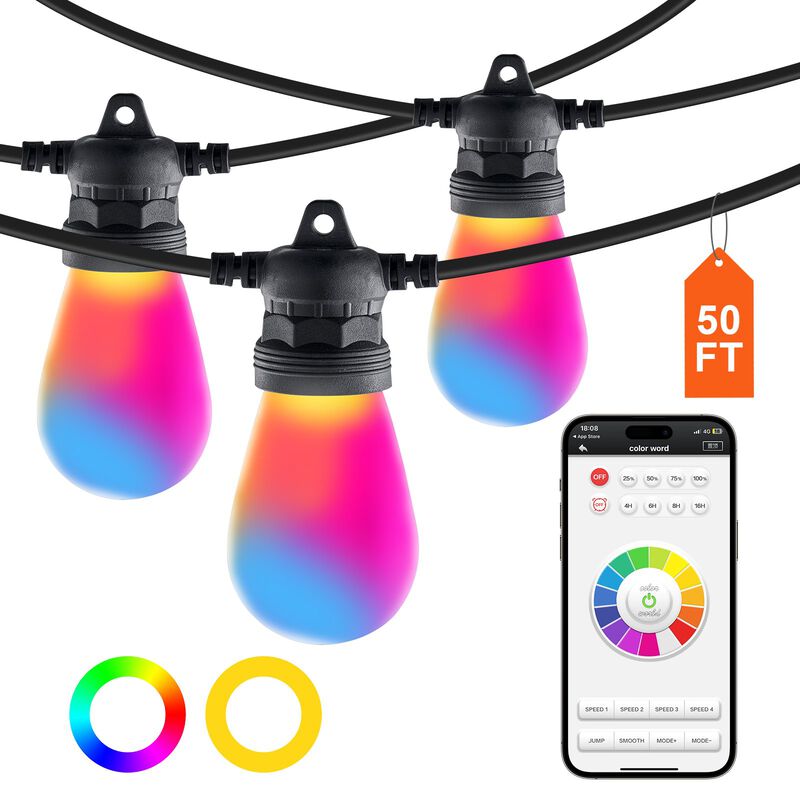 50 Ft RGB Patio String Lights 15 Bulbs App Control Adjustable Brightness image number 6