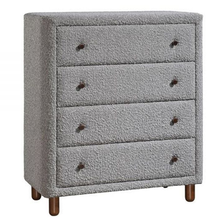 Lyno 38 Inch Tall Dresser Chest, 4 Drawers, Gray Boucle Upholstery, Brown - Benzara