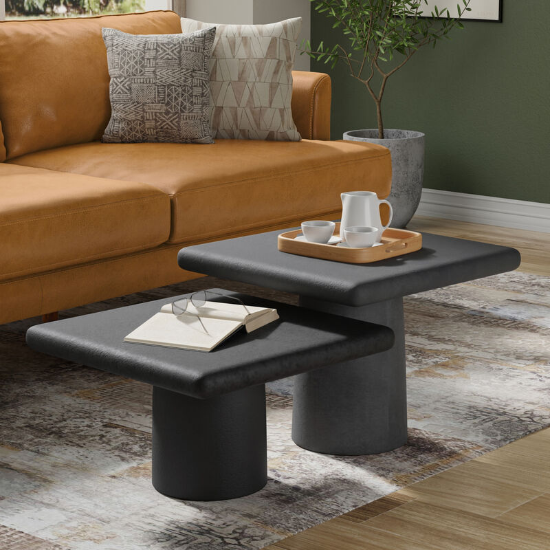 Zachary 21 inch Wide Square Contemporary Cast Aluminum Coffee Table 2 Piece Set in Graphite, Black Nickel, Fully Assembled