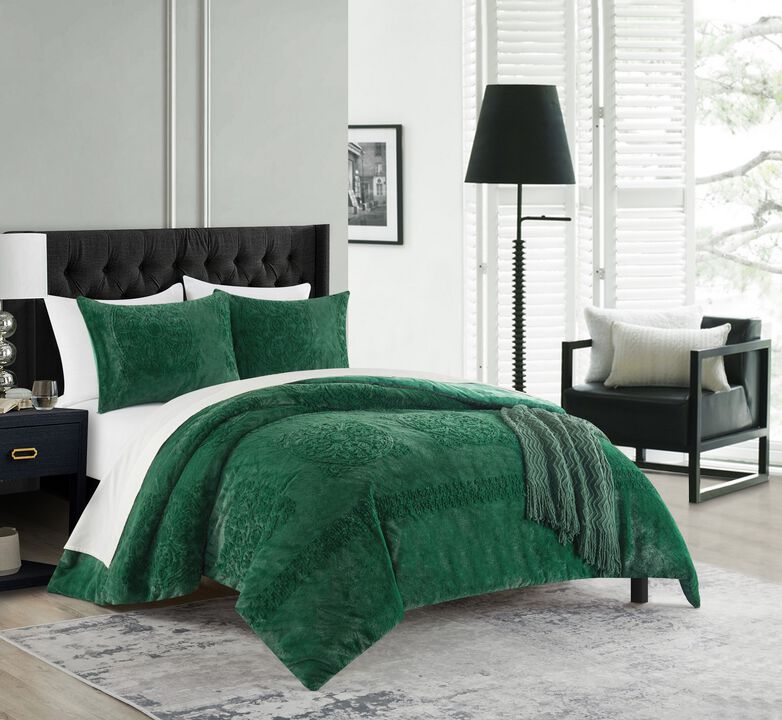 Chic Home Amara Comforter Set Embossed Mandala Pattern Faux Fur Micromink Backing Bedding - Pillow Shams Included - 3 Piece - Queen 90x92", Green