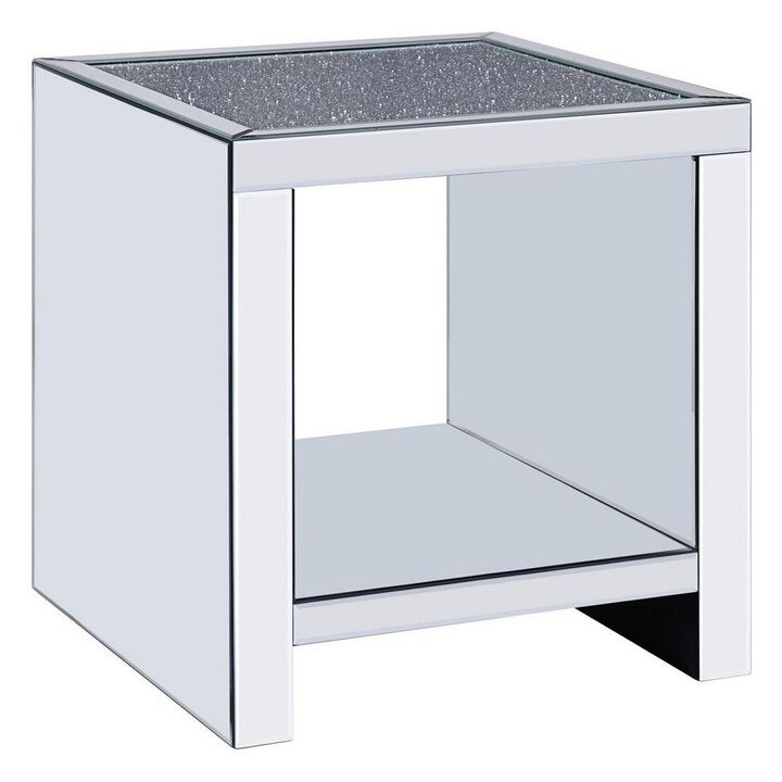 Wood and Mirror End Table with One Shelf, Clear-Benzara