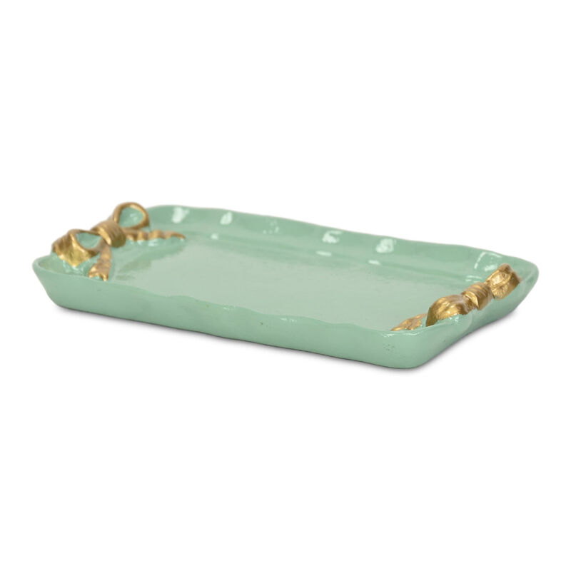 HomeRoots 8" Aqua And Gold Cast Iron Ribbons Vanity Tray image number 2