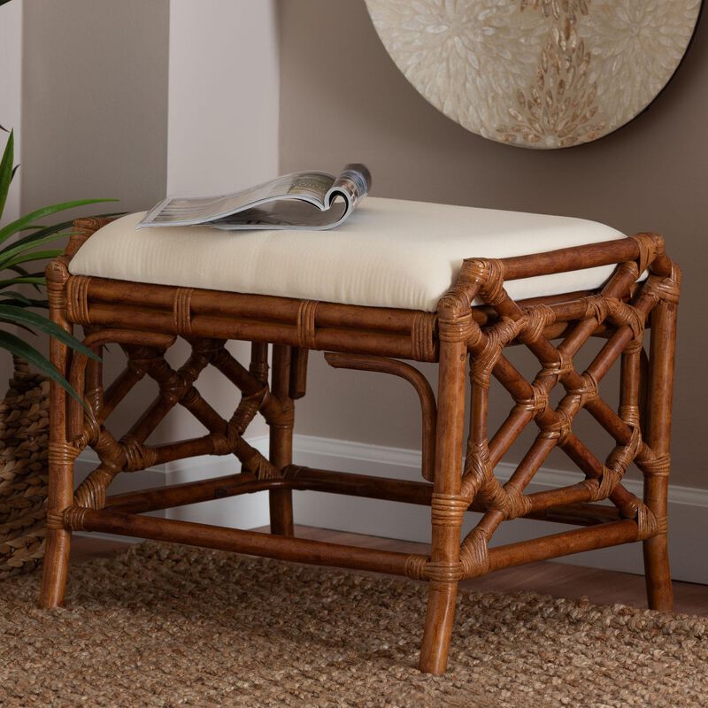 bali & pari Morley Marbled Tortoise Natural Rattan Ottoman - Handcrafted Accent Footstool with Decorative Frame, Coastal Tropical Style for Living Room image number 1