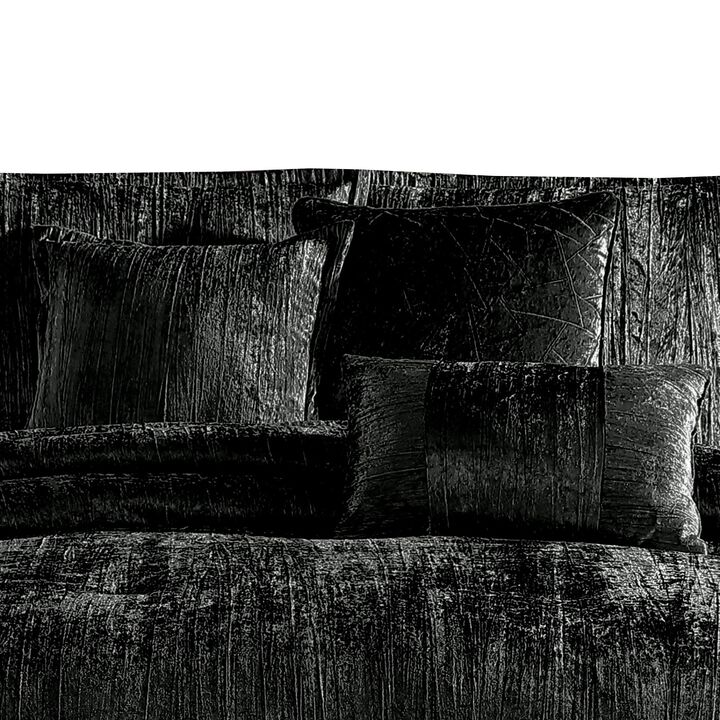 Jay 7 Piece Queen Comforter Set, Black Polyester Velvet Deluxe Texture - Benzara