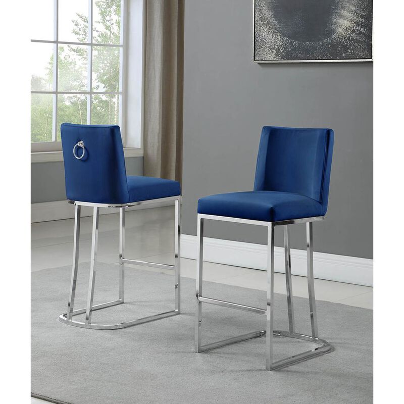 Best Quality Furniture 24 Velvet Counter Stool, Navy Blue, Chrome Base (Set of 2)