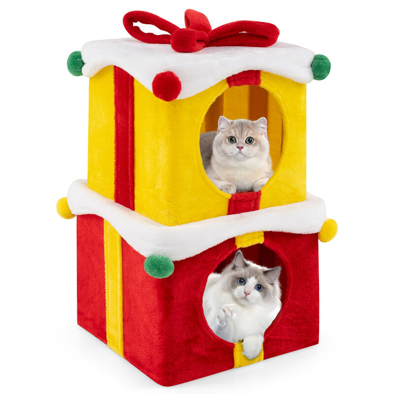 Christmas Cat House Set &ndash; 2 Gift Box Shaped Houses with Decorative Bow image number 4