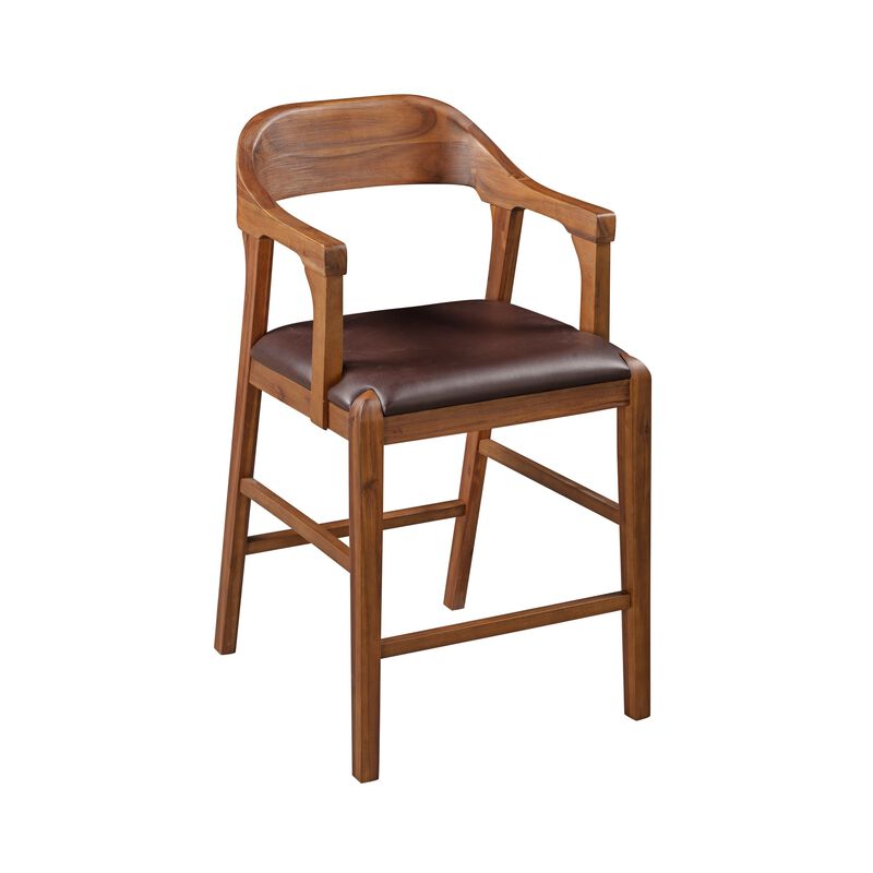 Rase 24 Inch Counter Stool Chair, Faux Leather, Open Back, Brown Wood - Benzara