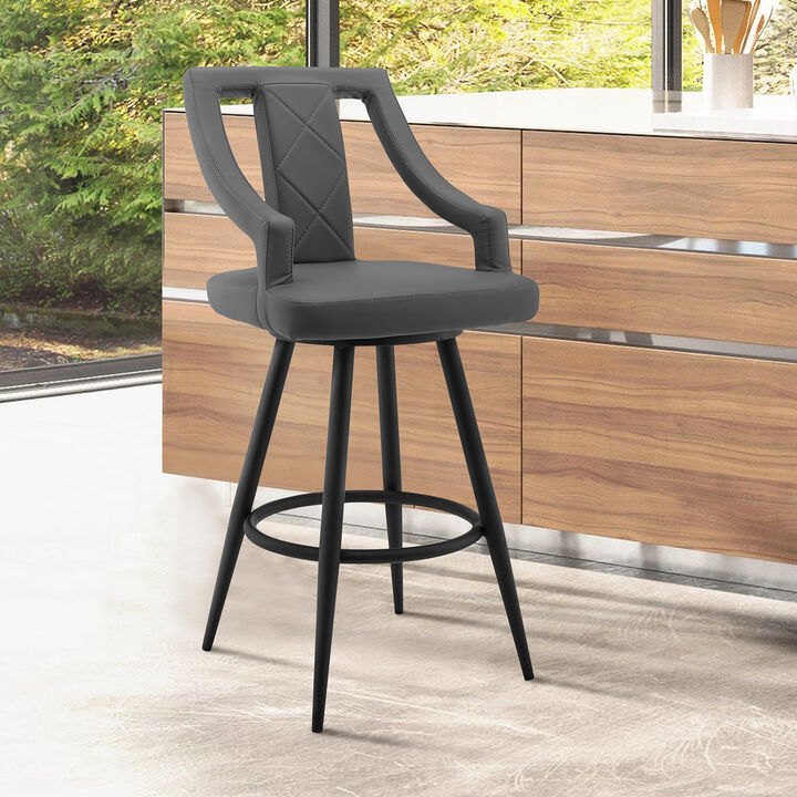 Maxen Gray Faux Leather and Black Metal Swivel Bar Stool