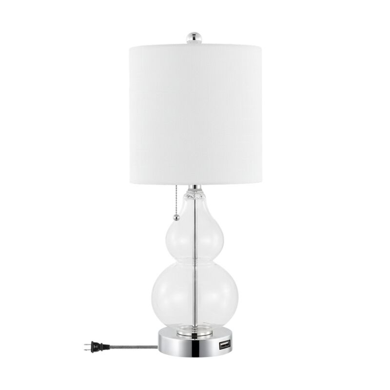 HomeRoots Set of Two 22" Clear And Silver Double Gourd USB Lamps With Drum Shades image number 2