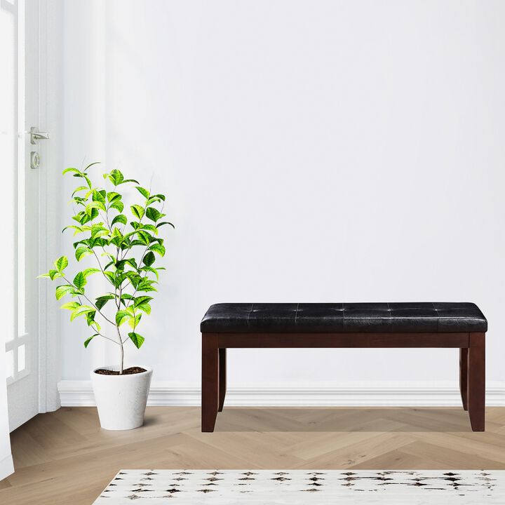 Leather Upholstered Wooden Bench With Tufted Seat, Espresso Brown & Black-Benzara