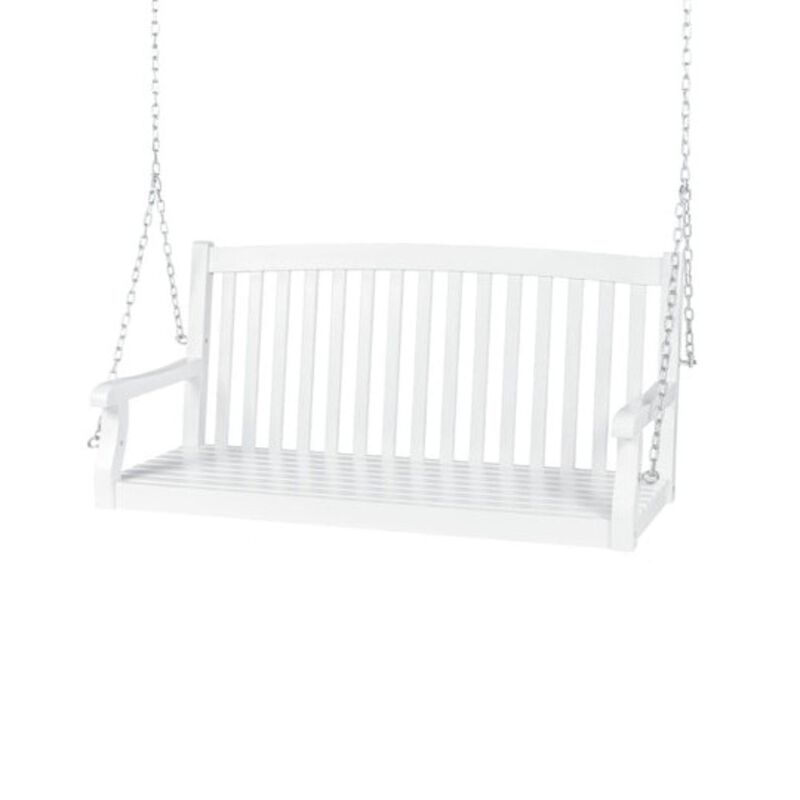 QuikFurn White Acacia Wooden Curved Back Hanging Porch Swing Bench with Mounting Chains