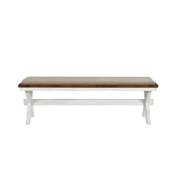 60 Inch Bench, Polyester Upholstery, Crossed Legs, Antique White Finish - Benzara