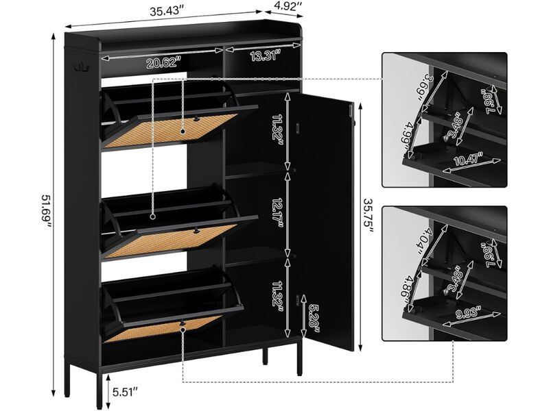 Slim Entryway Shoe Storage Cabinet 3 Tier Flip Drawer Adjustable Space Saving image number 2