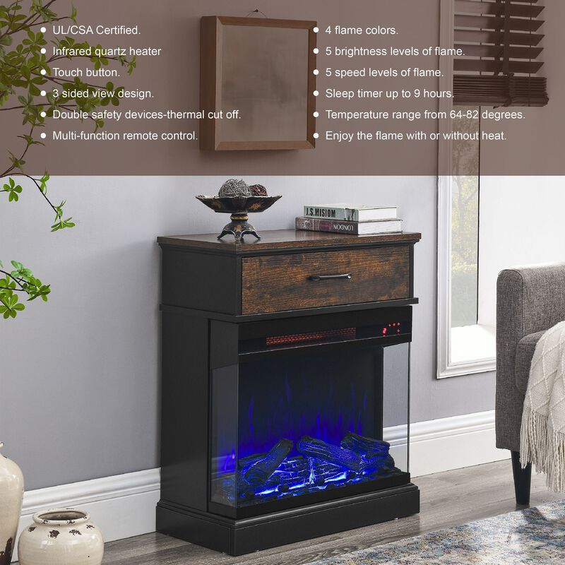 MONDAWE 25 Inch Stand Side Table With  3-Sided glass Electric Fireplace