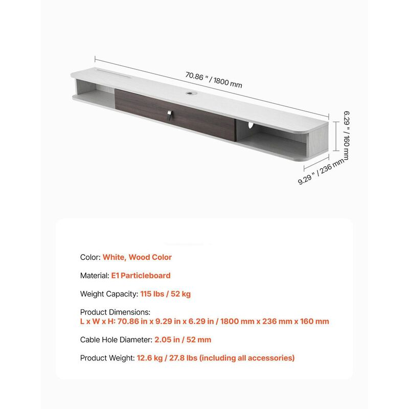 Floating TV Stand with Storage Cabinet, Wall Mounted Entertainment Center with Cable Management-White image number 2