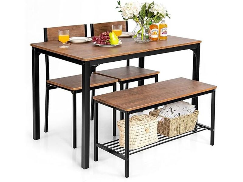 Dining Set &ndash; 4‑Piece Walnut Kitchen Table with Bench & Chairs, Metal Frame & Storage Rack image number 0
