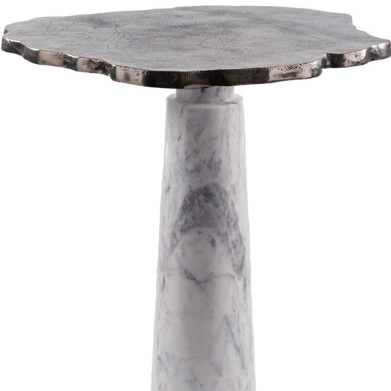 Hivvago 22 Inch Silver and White Aluminum and Marble Pedestal End Table