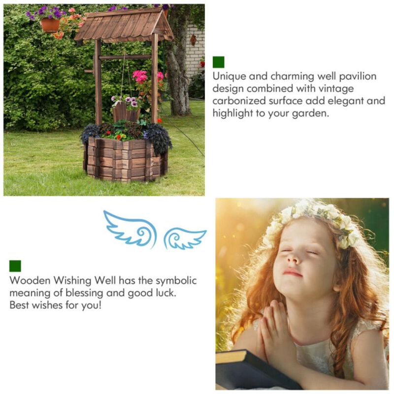 Hivvago Outdoor Wooden Wishing Well Planter Bucket