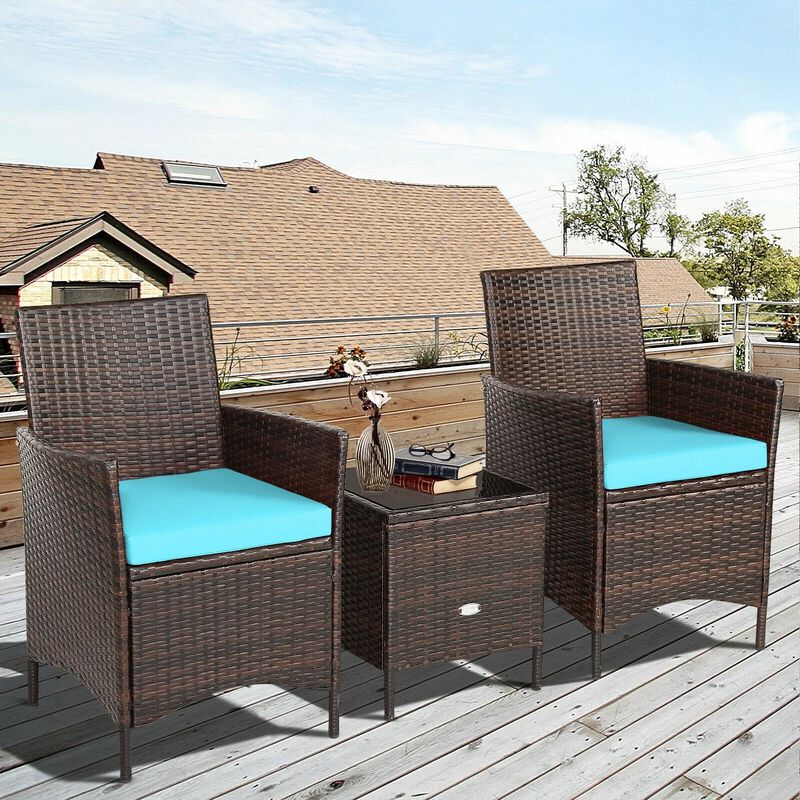 Mondawe 3 Pieces Patio Cushioned Rattan Converstaion Set With Glass Table Top