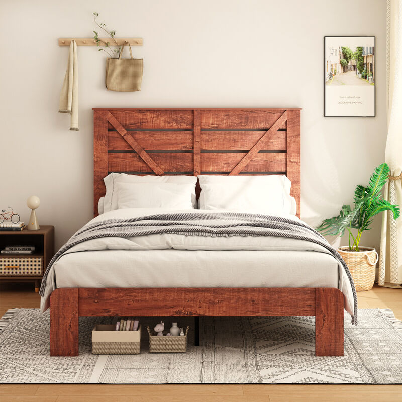 King Bed Frame Headboard, Wood Platform Bed Frame, Noise Free, No Box Spring Needed and Easy Assembly Tool, Large Under Bed Storage, Vintage Brown
