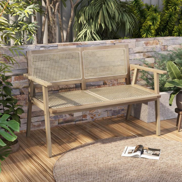 Hivvago Outdoor Teak Wood Garden Bench with Armrests Rattan Backrest