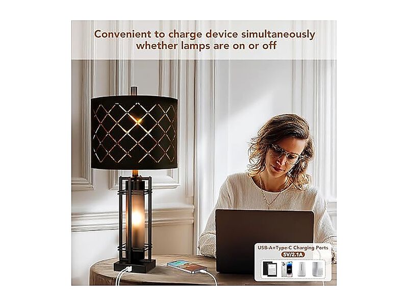 Modern Table Lamp Set 2 Nightstand Lamps Black Grid Shade Bedside USB Charging image number 2