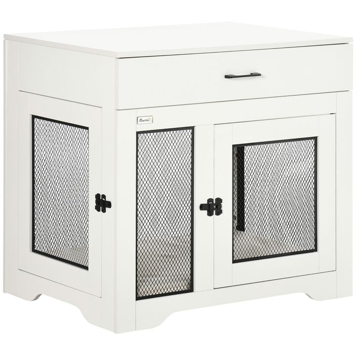 White Pet Furniture: Stylish Dog Crate End Table with Cushion & Drawer