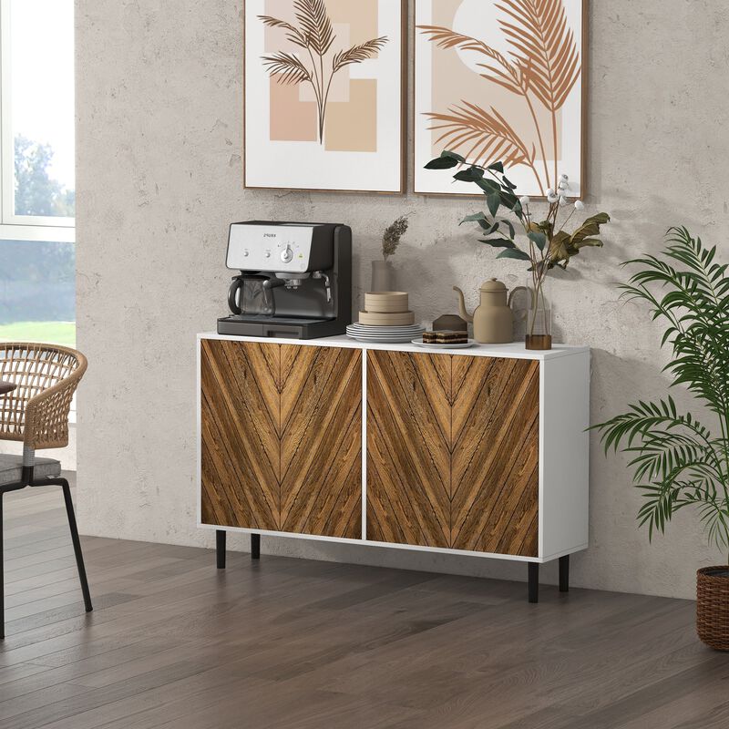 Brown Sideboard Cabinet: 4 Chevron Doors, Adjustable Shelves