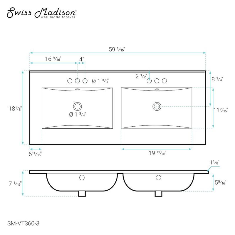 60 inch Vanity Top Bathroom Sink with 3 Holes image number 3