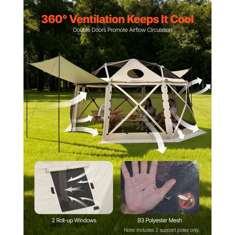 Pop Up Screen Tent for 12-15 People with Removable Top and Carry Bag-Beige image number 3