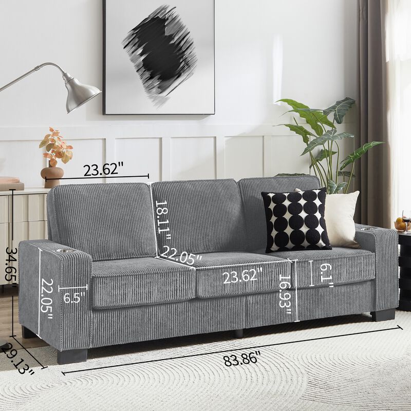 Corm 83.86" Corduroy 3 Seat Modern Sofa image number 9