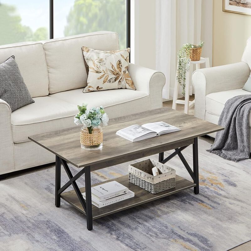 GreenForest Coffee Table with Storage, 39inch Modern 2-Tier Coffee Tables for Living Room, X-Frame Design Farmhouse Coffee Table