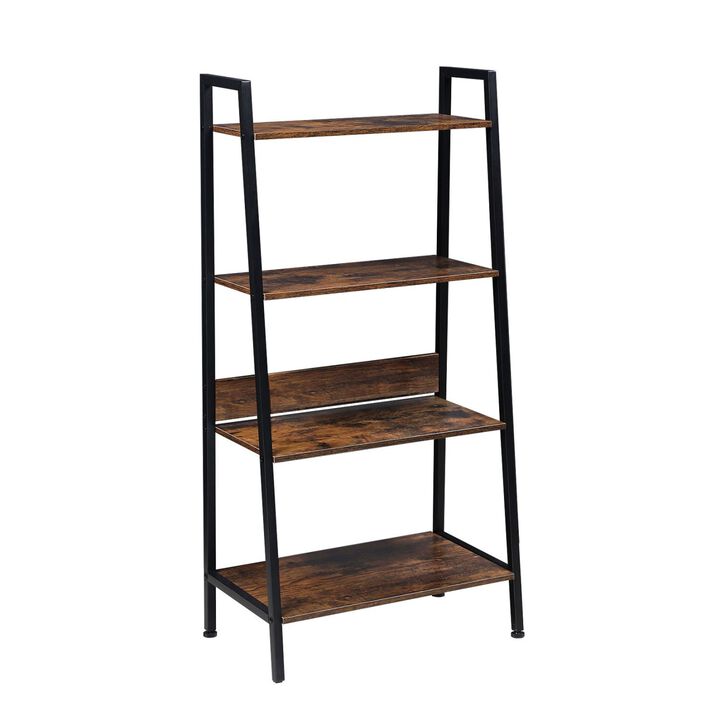 YSOA 4-Tier Ladder Bookshelf Organizer, Rustic Brown Ladder Shelf for Home & Office, Wood Board & Metal Frame