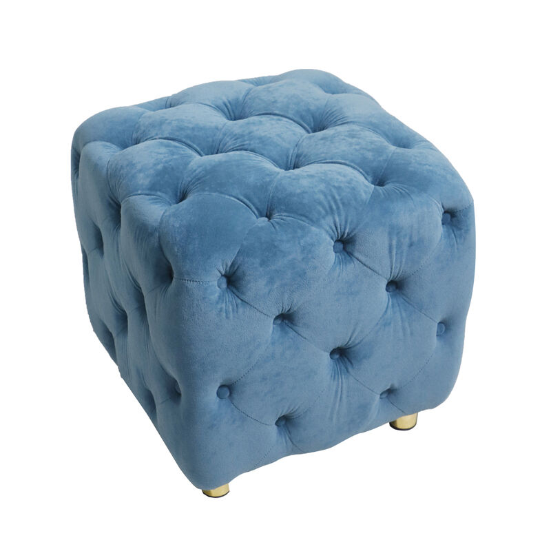 Blue Modern Velvet Upholstered Ottoman, Exquisite Small End Table, Soft Footstool, Dressing Makeup Chair, Comfortable Seat for Living Room, Bedroom, Entrance