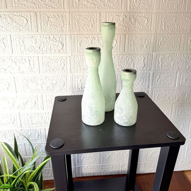 Set Of 3 Frosted Green Glass Taper Candle Holders 10 In Tall Tabletop image number 5