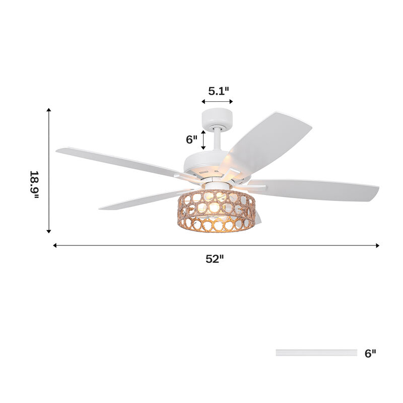 52 in. White Hemp Rope Reversible Blades Ceiling Fan with Light and Remote