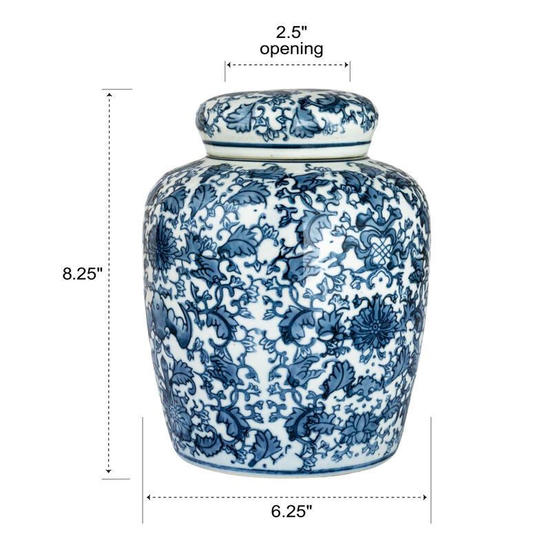 Medium Decorative Ceramic Ginger Jar with Lid, Blue and White Floral Pattern image number 2