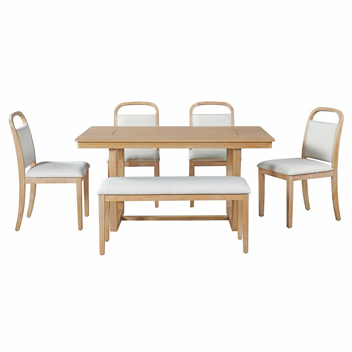 Merax Farmhouse Dining Table Set with 4 Cushioned Chairs & Storage Bench