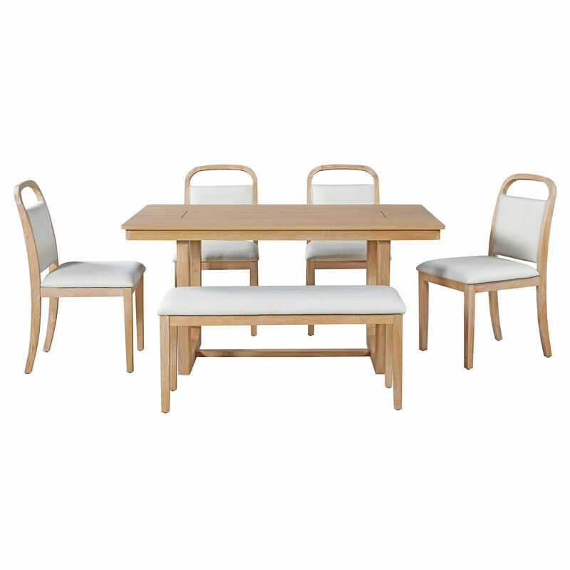 Merax Farmhouse Dining Table Set with 4 Cushioned Chairs & Storage Bench image number 0