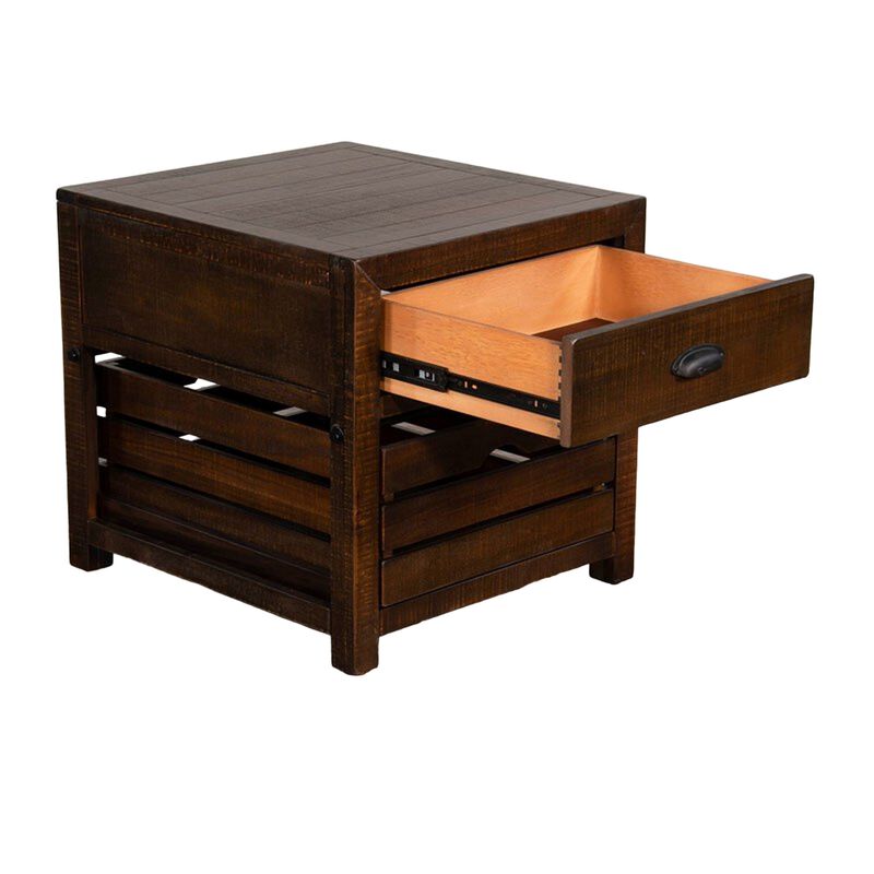 Flint End Table, 1 Drawer, 1 Crate, Dark Brown Mahogany Wood, 26 Inch