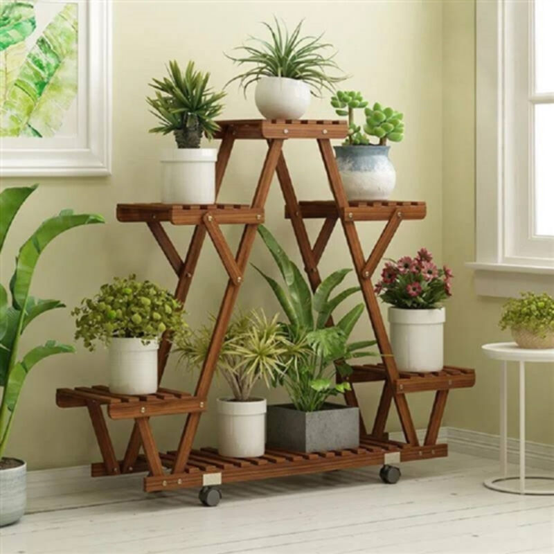 Indoor/Outdoor Solid Wood Triangular Plant Stand &ndash; Multi-Tier with Locking Wheels
