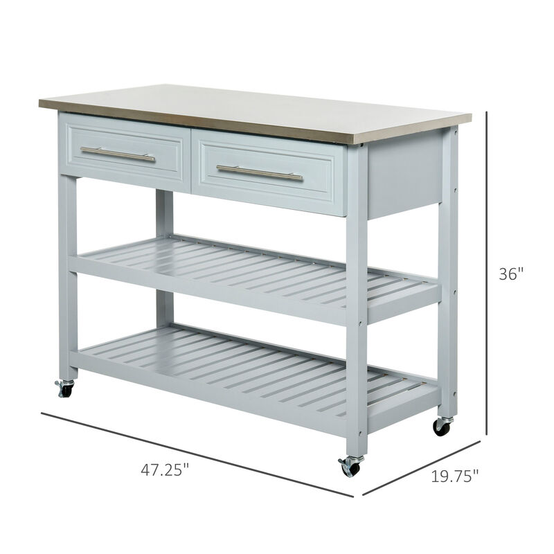 Pine Wood Mobile Kitchen Island Utility Cart w/ Stainless Steel Gray
