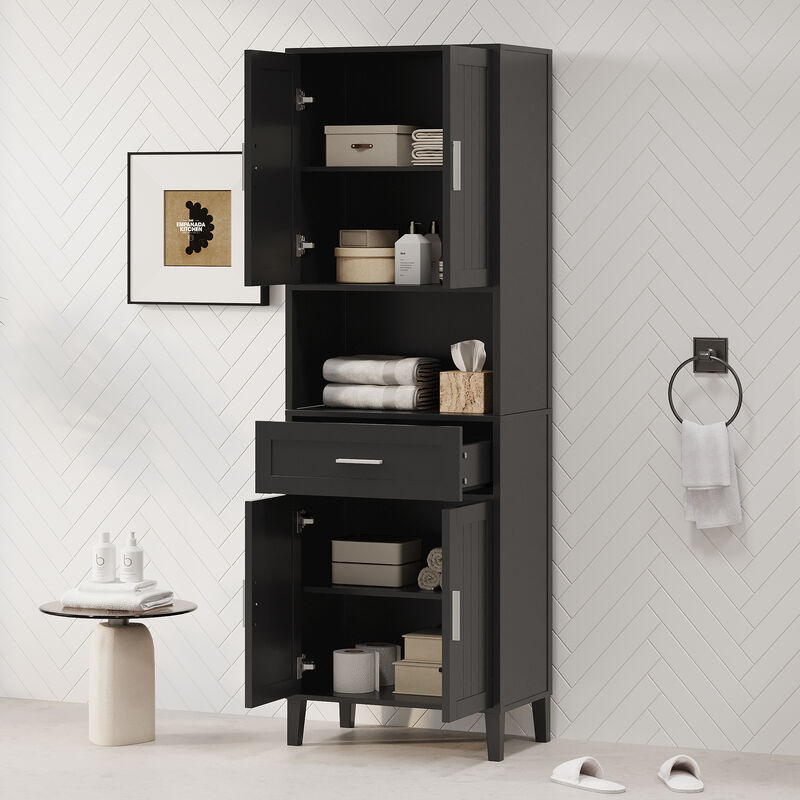 Merax Tall Bathroom Cabinet with a Drawer, 2 Cabinets, 4 Soft-Close Doors, 2 Adjustable Shelves, Open Storage