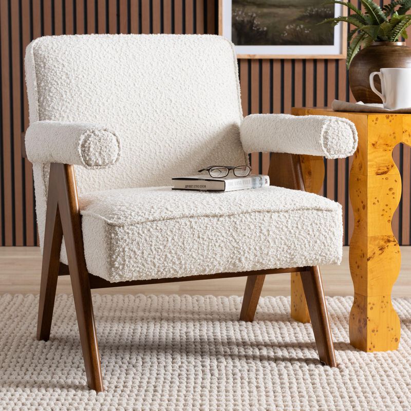 Baxton Studio Georgina Japandi Cream Boucle and Walnut Brown Wood Accent Chair