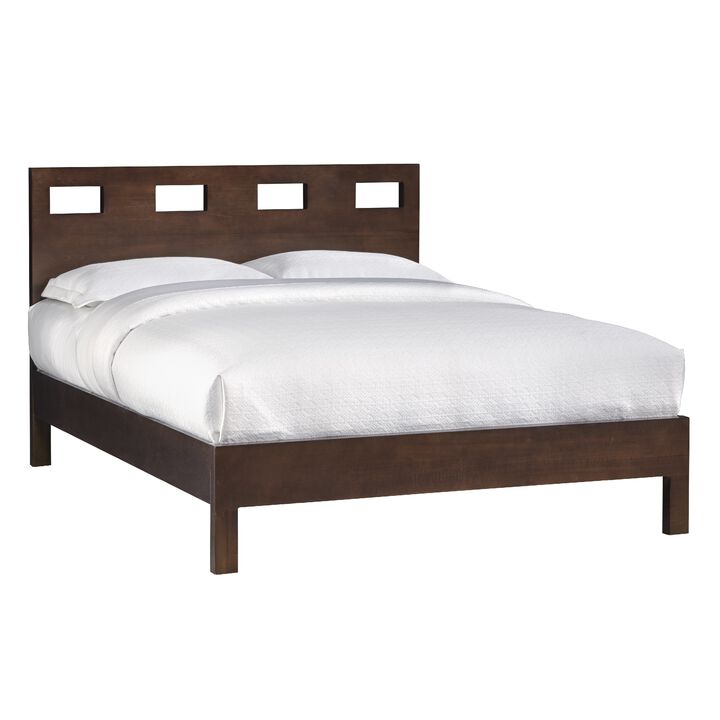 Yee Mahogany Wood Platform Queen Bed, Panel Cut Out Design, Dark Brown - Benzara