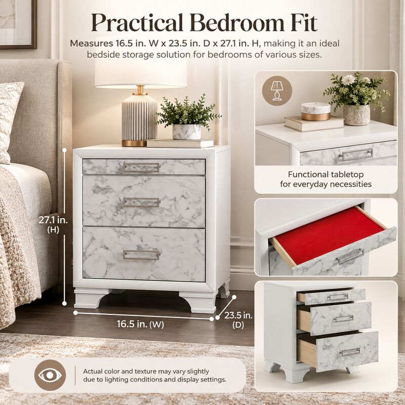 Mirevessiq Marble-Front 3-Drawer Nightstand image number 5