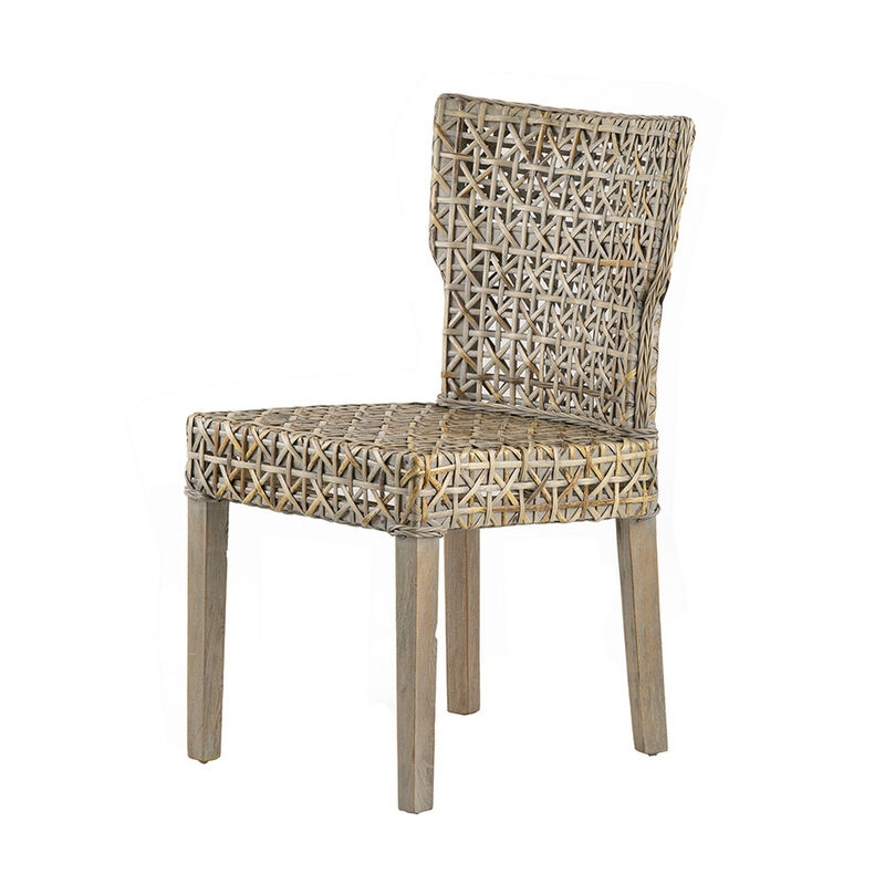 22 Inch Side Dining Chair, Woven Rattan Backrest and Seat, Weathered Gray - Benzara